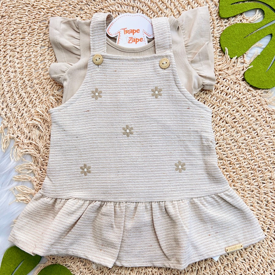 Conj. Blusa Lisa e Jardineira de Florzinhas - Areia